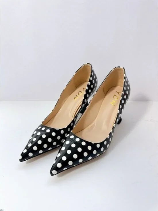 Size 11 Women’s Black White Polka Dot Patent Pointed Toe Heels Pumps YDN - Picture 6 of 12